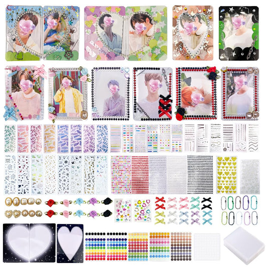 PALM LASHES K-pop DIY Photocard Toploader Decoration Kit – Includes 10pcs Hard Photocard Holder Sleeve 3D Flowers & Ribbon Bows, Stickers, and 3D Sticker for Card Trading