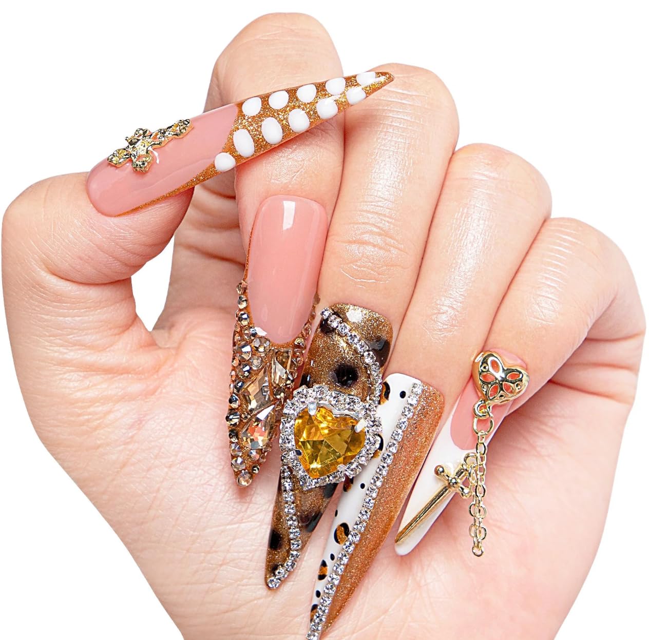 LOVFUL Reusable Press on Nails | Regal Glitz | Salon Quality Sustainable Style Handmade with Full Covered Crystals | Stiletto Mid Length 1.7 in | H259-L