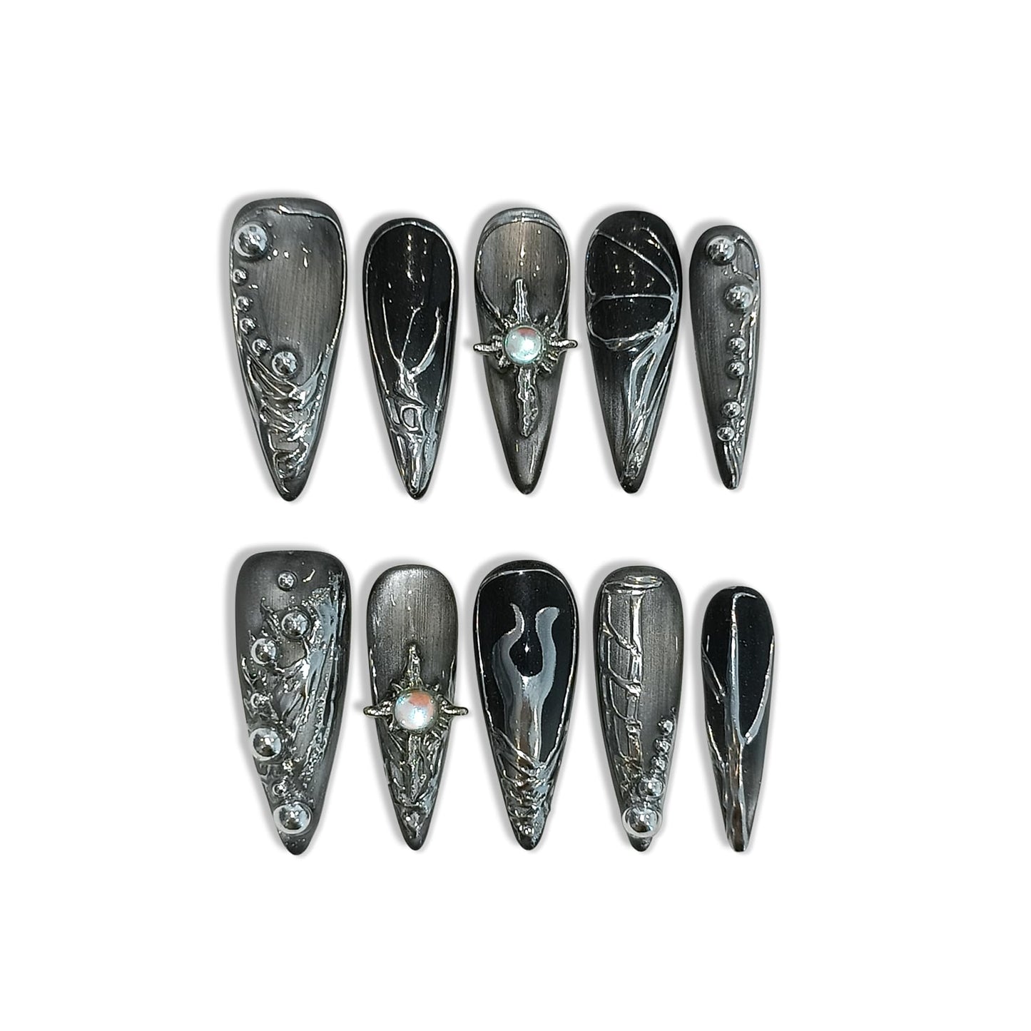 TENPAL Cat Eye Black & Mirror Powder Gradient Obsidian Press on Nails Long Stiletto,Hand-Painted Butterfly & Meteor Designs Fake Nails with Tools,3D Crystal Gothic Punk Nail Kit with Tools 10pcs(S)