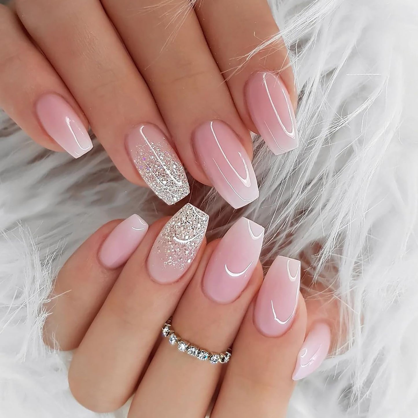 6 Packs (144 Pcs) Press on Nails Medium - Jsiallye Pink Gradient Press on Nails Square Coffin, Glue on with Nail in 12 Sizes - 24 Fake Nails Kit, French Tip Stick on Nails for Women
