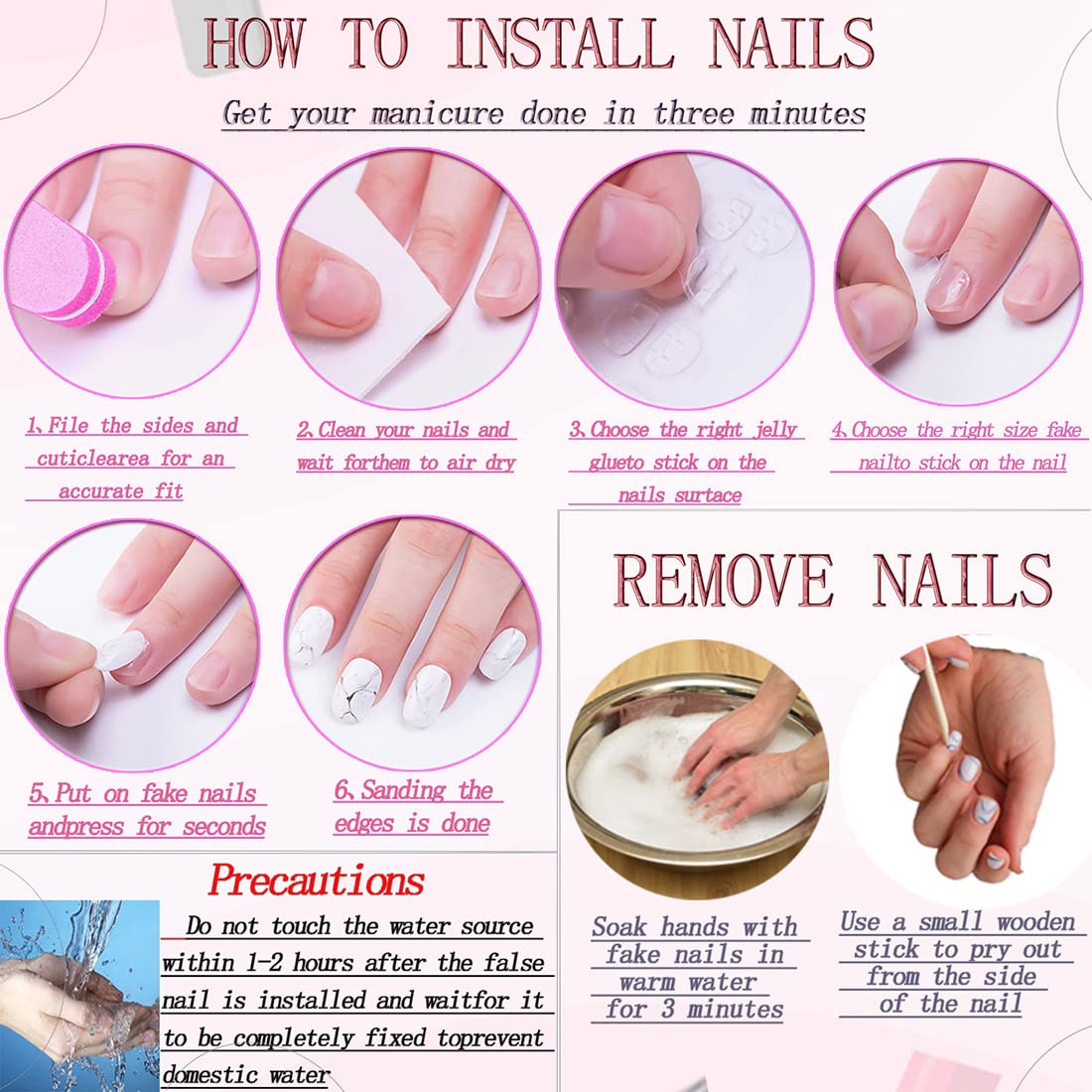 RUOKEXIN Almond Press on Nails Pink Ombre Fake Nails Gold Glitter False Nails with Flower Designs Medium Nail Press ons Sparkly Artificial Nails for Women 24Pcs