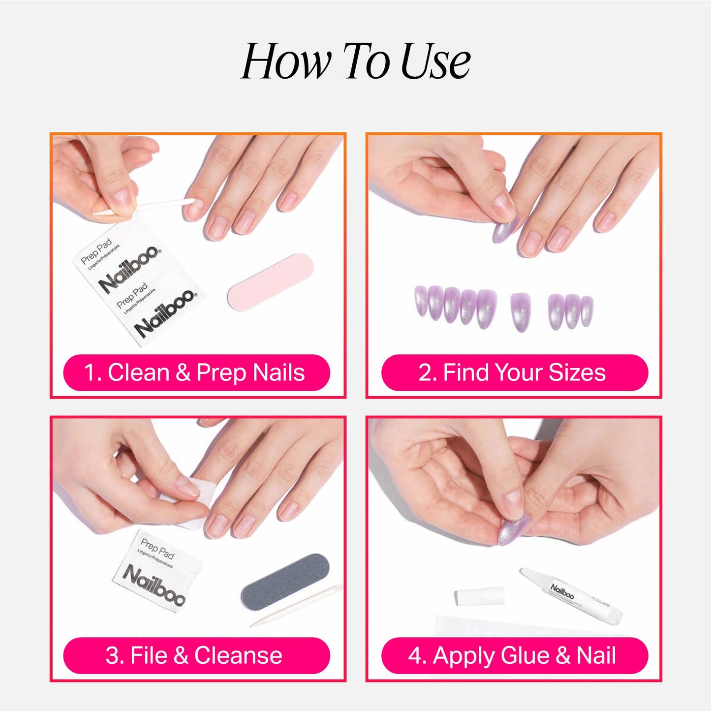 Nailboo Press On Nails, Salon-Quality Reusable Fake Nails for Fast DIY Manicure with Strong Hold Nail Glue for Press Ons, Nail File, & Alcohol Prep Pads, Queen Supreme