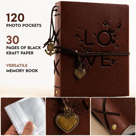 Photo Album Scrapbook with 120 Pockets for 4x6 Photos, 30 Pages, Black Kraft Paper, Textured Leather Cover, Memory Book for Family, Baby, Wedding, Travel