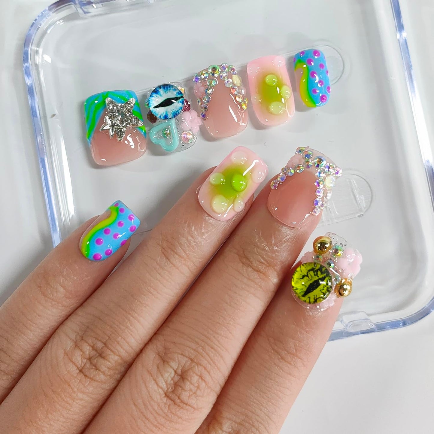 Handmade Press on Nails Short Square 3D French Tip Thick Acrylic Fake Nails Y2K False Nails with Polka Dots Eyes Charms Rhinestones Stars Water Drop Designs Sturdy Nail Art Press on Nails 10Pcs(S)