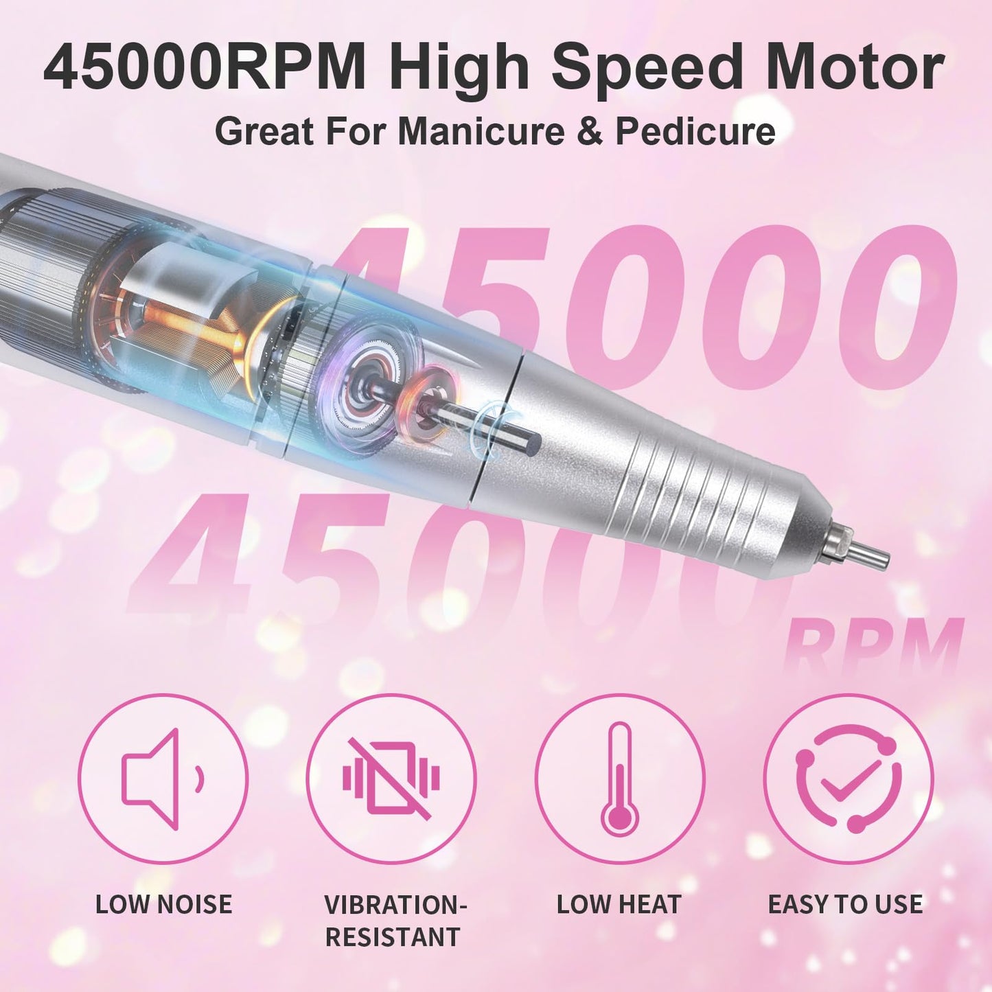 siyuwuro Portable Nail Drill 45000 RPM Professional Cordless Rechargeable Electric Nail File for Removing Polishing Acrylic Gel Nails with 6 Drill Bits & Sanding Bands, Nail Salon Home Use, Purple