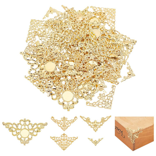 PH PandaHall 100pcs 5 Styles Corner Protector Gold Filigree Corner Embellishments Hollow Triangle Wrap Connector Metal Frame Corners Tray Decorations for Book Album Resin Fillers Jewelry Making
