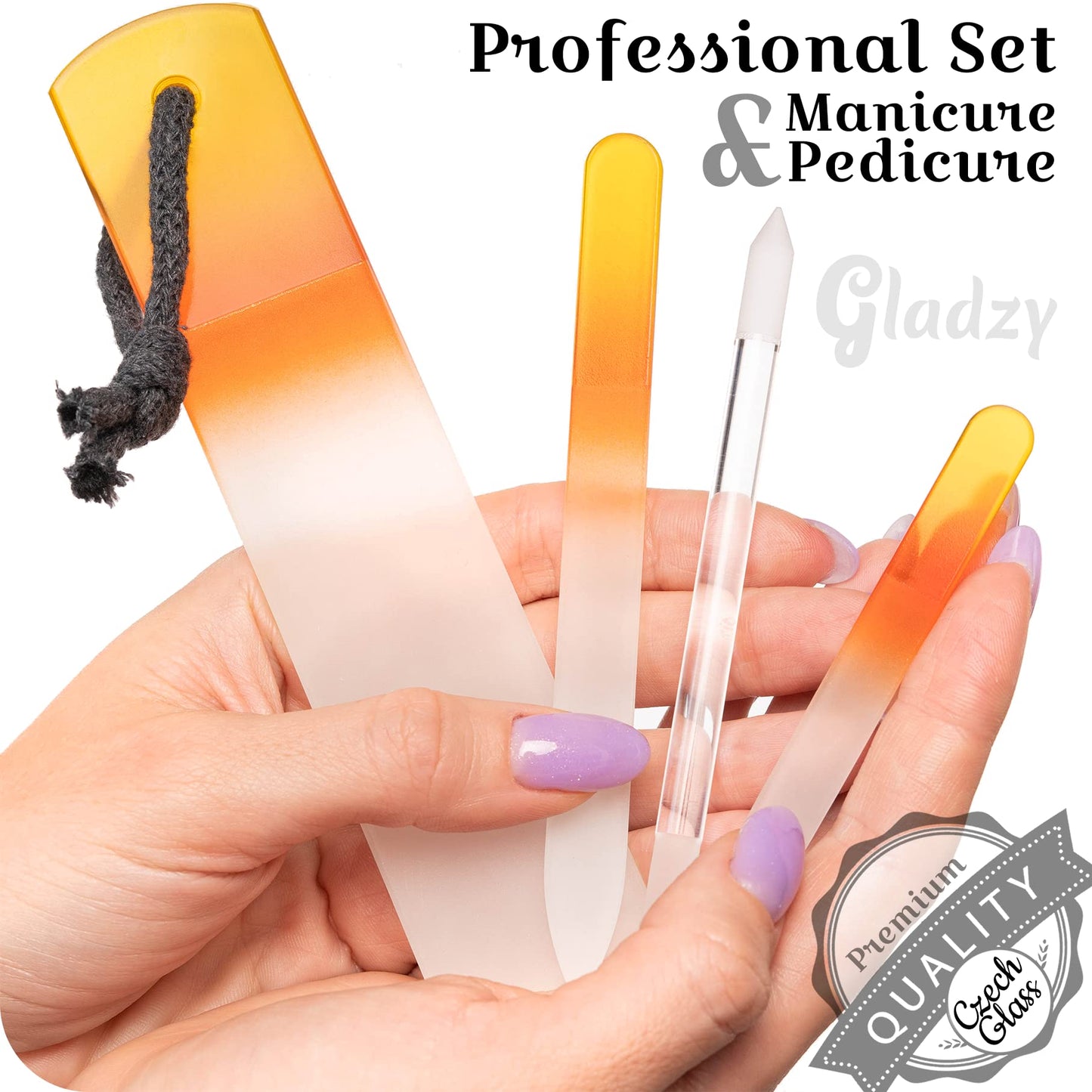 GLADZY Genuine Czech Glass Nail File Set - Callus Remover Foot Rasp, Cuticle Pusher Manicure Stick, Double Sided Etched Different Grit Surface, Professional Nail Care Tool, Made in EU