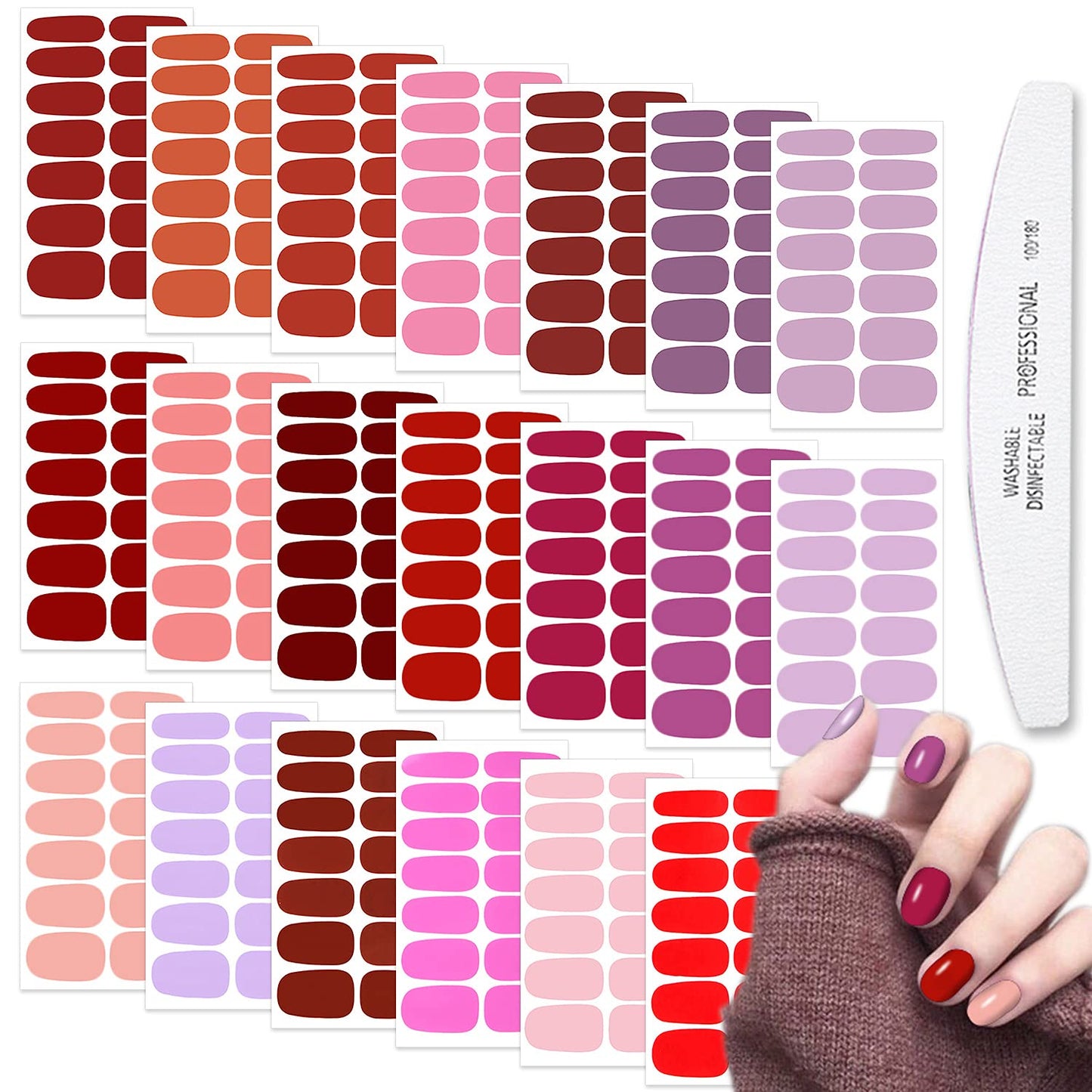 WOKOTO 20 Sheets Red Series Solid Color Full Nail Wraps with Nail File Self-Adhesive Nail Polish Stickers Real Nail Polish Strips for Women Stick On Nails Strips