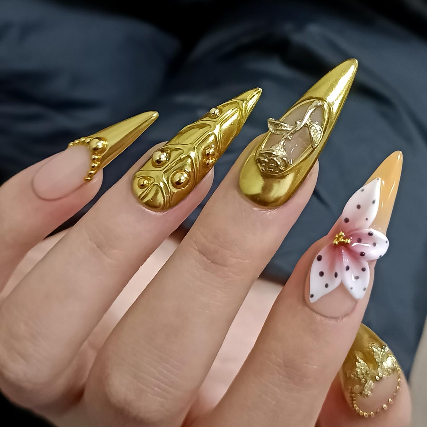 TENPAL Antique Gold French Tips Press on Nails Long Stiletto,Baroque Style Fake Nails with 3D Charms Roses,Cherubs,Bows,Soft Gel Metallic Fake Nails Kit Tools 10pcs,Full Cover Vintage Luxe Nails(M)