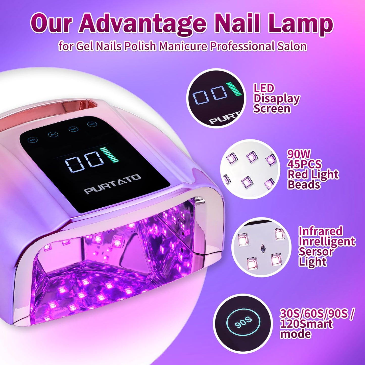 Purtato Professional Rechargeable 96W UV LED Portable Cordless UV Light for Nail Lamp Machine with Removable Stainless Steel Bottom,4 Timer Setting and Smart Sensor Nail Dryer (Gradient Purple)