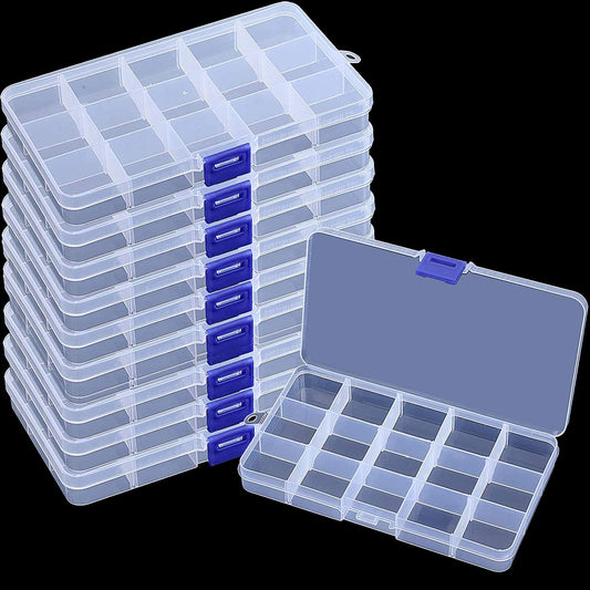 KINJOEK 10 Pack 15 Grids Plastic Bead Organizer Containers Storage, Adjustable Dividers Diamond Jewelry Craft Painting Storage Case, Clear Small Fishing Tackle Box for Sewing Cross Stitch Accessories