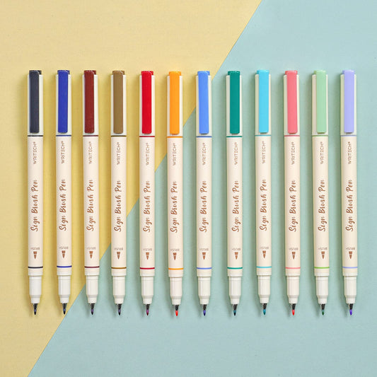 WRITECH Arts Sign Brush Pen Brush Tip Marker Felt Tip Water Based Ink Color Pens 12 Assorted Pastel Colors Great for Lettering, Journaling, Calligraphy (Natural)