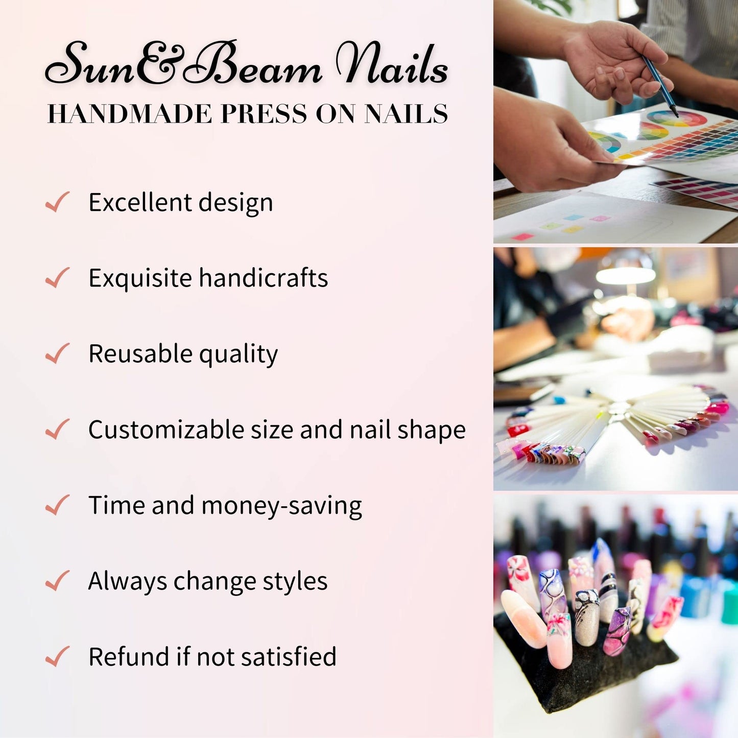 Sun&Beam Nails Handmade Press On Short Coffin Pink Metallic Design Charming Cute False Nail Tips 10 Pcs (#101 M)