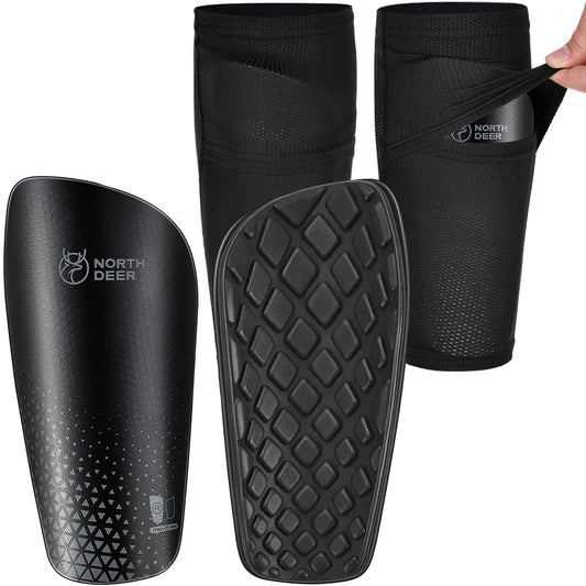 Soccer Shin Guards for Men incl. Sleeves with Optimized Insert Pocket - Protective Soccer Equipment for Kids Adults (Black L)