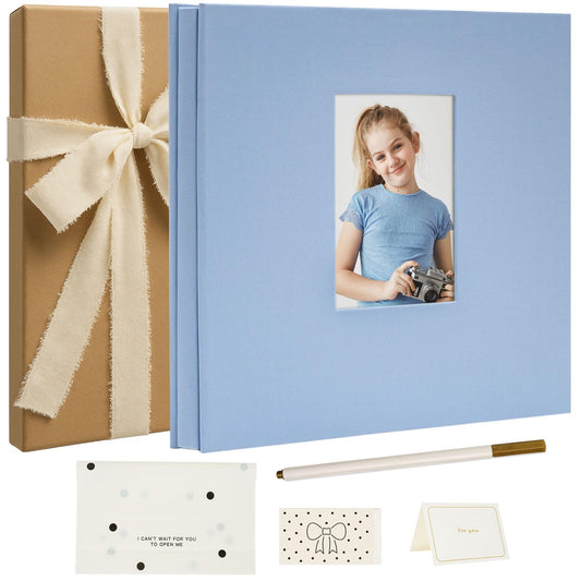 Vienrose Self Adhesive Photo Album Gift Set, Linen Cover Scrapbook with DIY Window, Holds 4x6 5x7 8x10 Photos, 30 Sheets 60 Pages for Family Wedding Baby, Includes Pen, Card, Lace Strap, Blue
