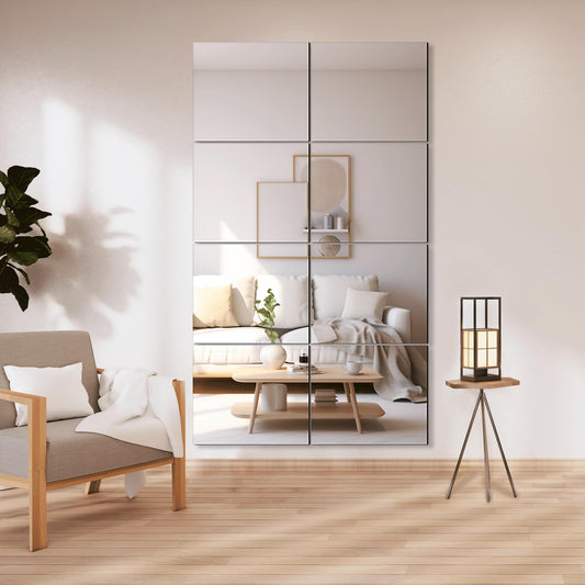 Delma Frameless Mirror Tiles 14"x12"x8 Pcs Wall Mounted, Shatter Resistant Full Length Tempered Glass Panels for Home Gym Bathroom Bedroom & Living Room Decor