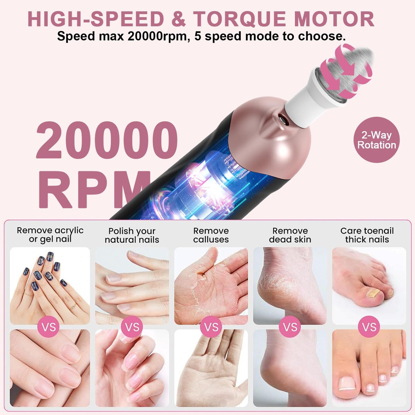Professional Manicure Pedicure Kit, 9 in 1 Cordless Nail Drill with 100 pcs Nail Drill Bits Sanding Bands, Nail Grinder for Human, 5 Speeds, Nail Dremel Kit for Home and Salon Use
