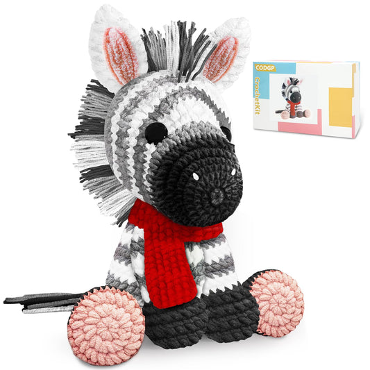 CODGP Crochet Kit for Beginners,11.8in Crochet Animal Kit Zebra,Crochet Starter Kit Gift for Adults with Yarn Sets,Amigurumi Crochet Kit with Step-by-Step Video Tutorials
