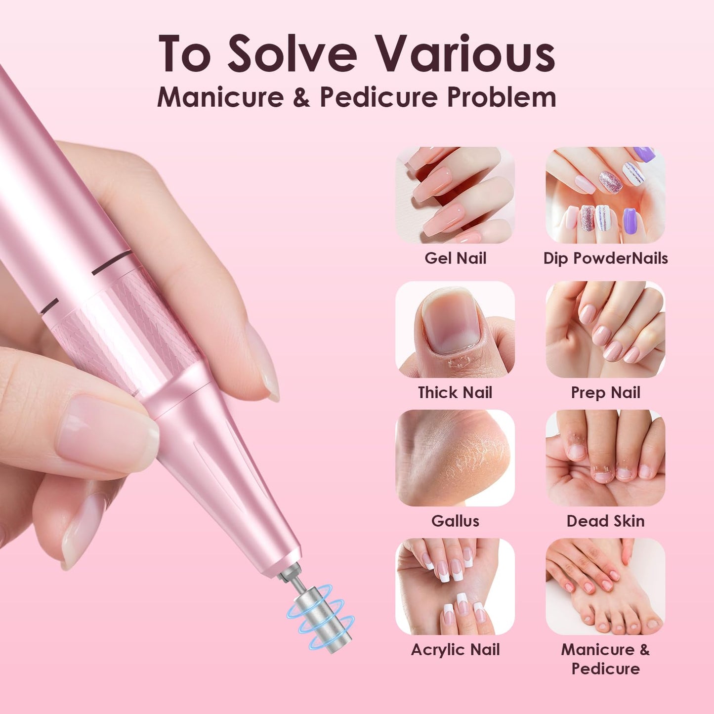 HELIVIVE Professional Electric Nail Drill 45000RPM (Portable & Rechargeable) (with 11 Drill Bits ) Cordless Nail File Machine for Shaping, Polishing & Removing Gel Nails for Salon Home (Pink)