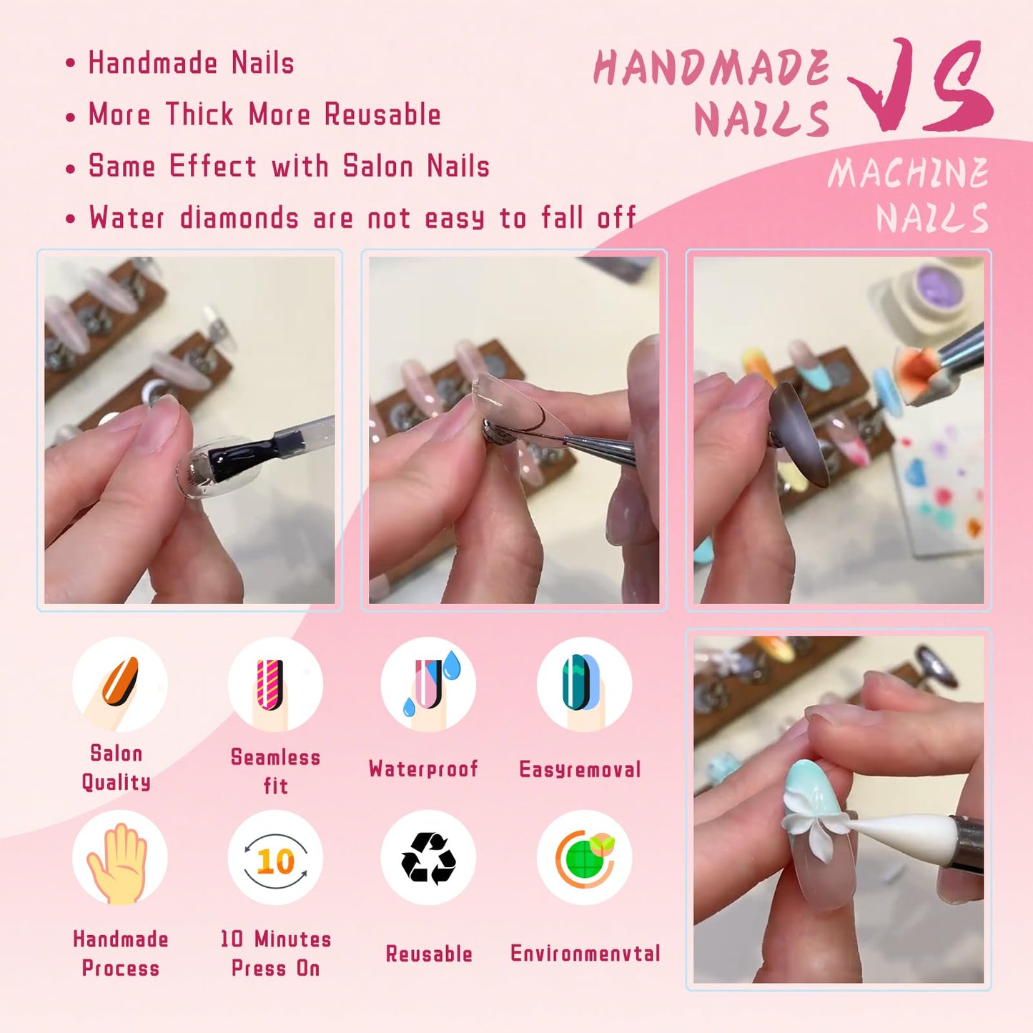 Vanpaga Handmade Square Coffin Press on Nails – Ocean Ombre Blue Bronze Nails with 3D Carved Flower & Gold Foil, Reusable Glossy Stick on Fake Nails, 10pcs Acrylic Nail Set with Tool Kit (Size M)