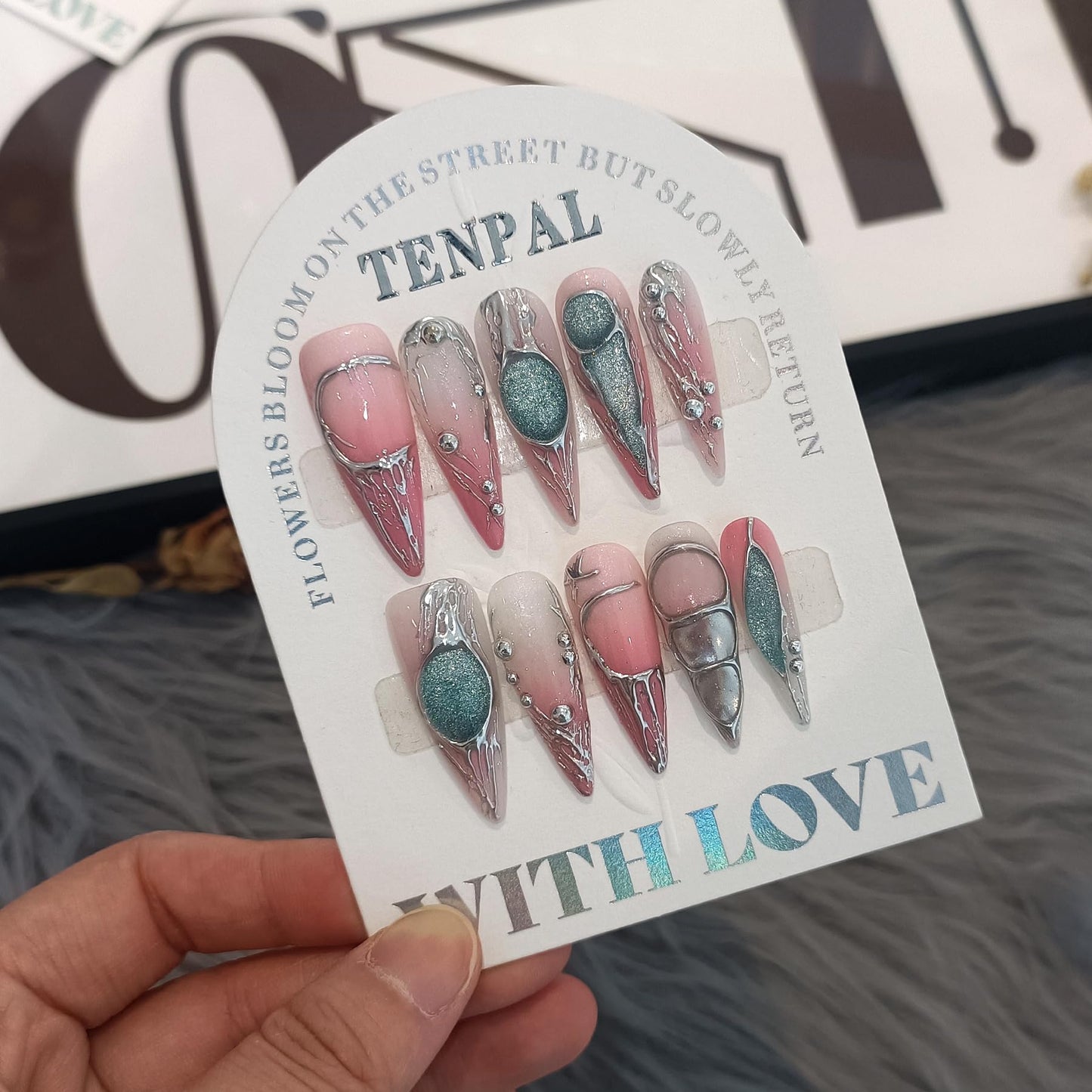 TENPAL Long Stiletto Press on Nails,Pink-Silver Holographic Gradient Hand-Painted Moons Fake Nails with 10pcs Tools,3D Cat Eye Glitter False Nails,Edgy Meteors Design Sweet-Edge Metal Nails(M)