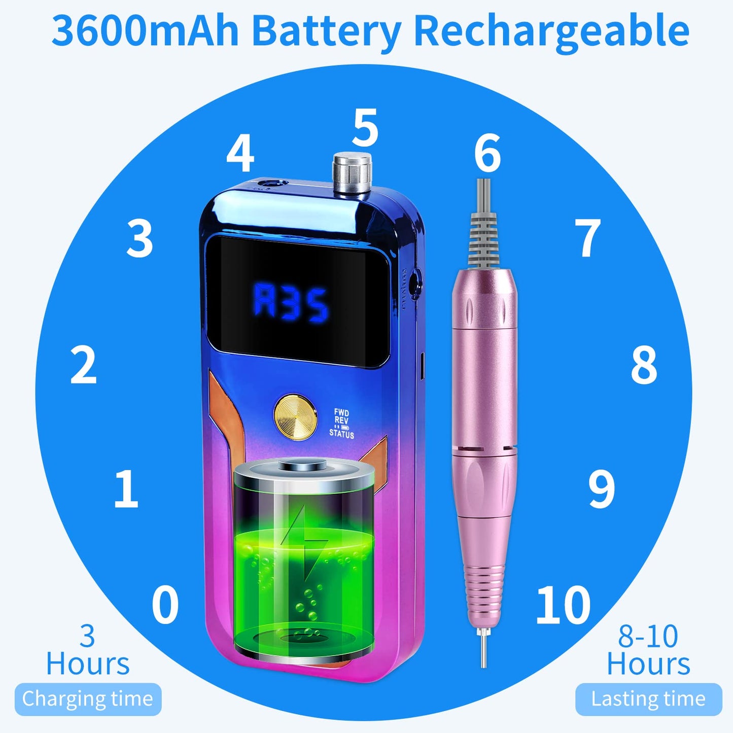 Portable Nail Drill Professional 35000 RPM, MOCOWIND Rechargeable Electric Nail File Machine for Acrylic Gel Polishing Removing, Cordless E-File with Bits Kit for Manicure Salon Home, Blue & Purple