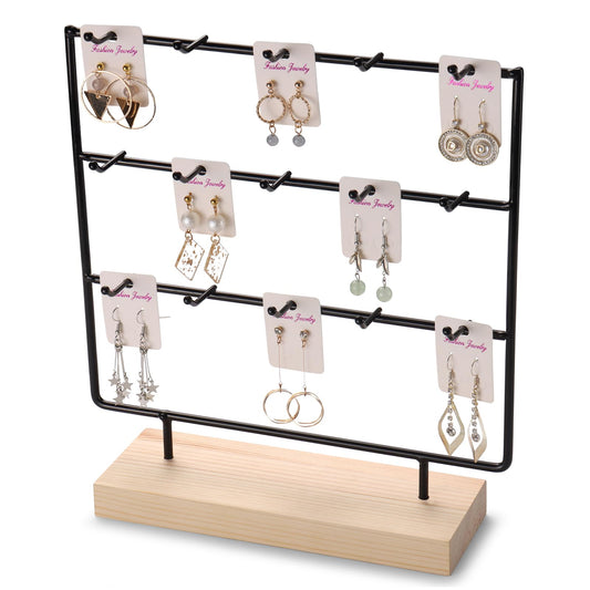 RUINENGDA Earring Display Stands for Selling 3 Tier 15 Hooks Jewelry Display Wooden Base Earring Holder Organizer Display Stand for Necklaces Rings Bracelets Keychains (Black)