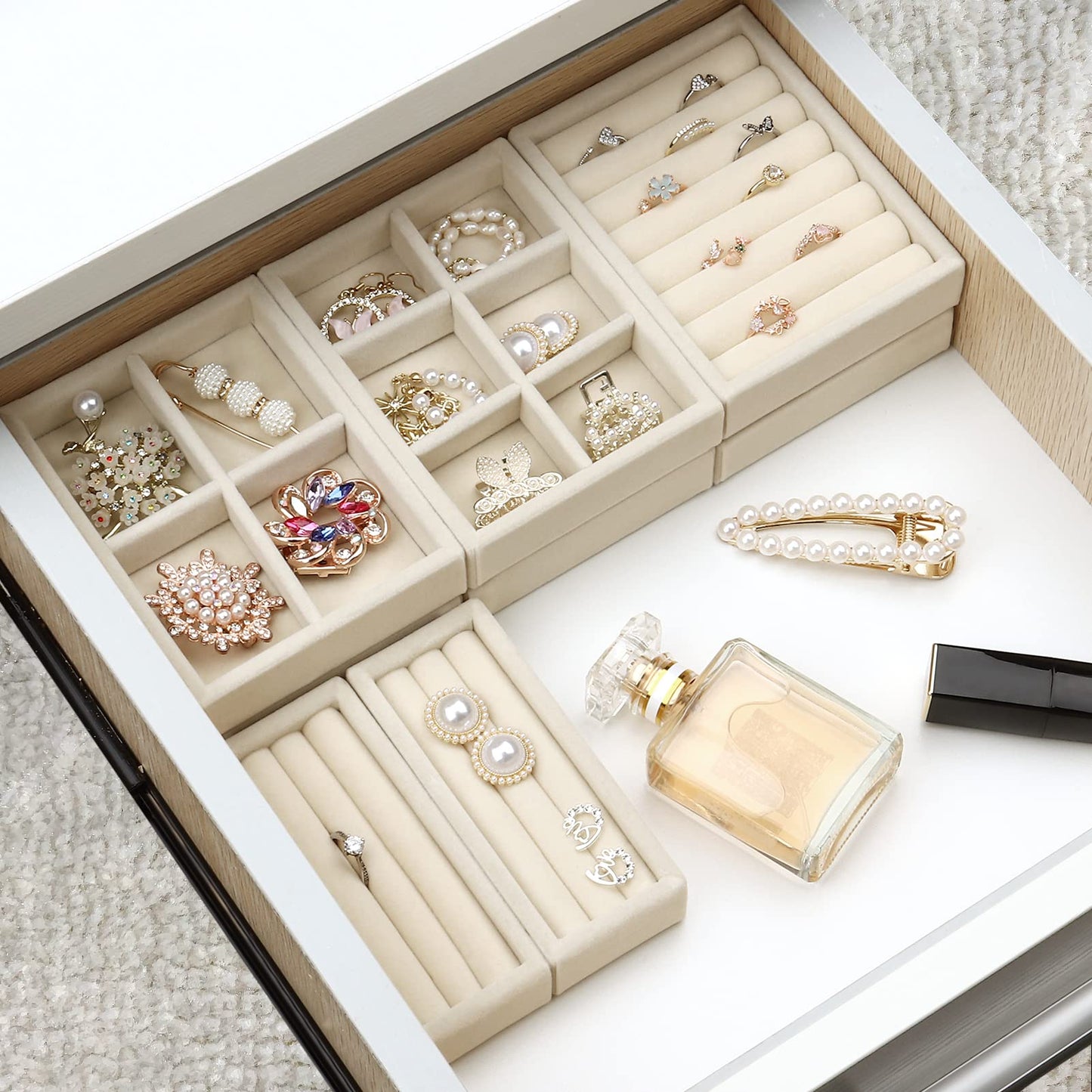 DesignSter Small Jewelry Tray-Ring Organizer 2PCS Premium Velvet Rings Earrings Display Tray Storage Insert Holder for Jewelry Box, Drawer, Dresser (8 Slots, Beige)