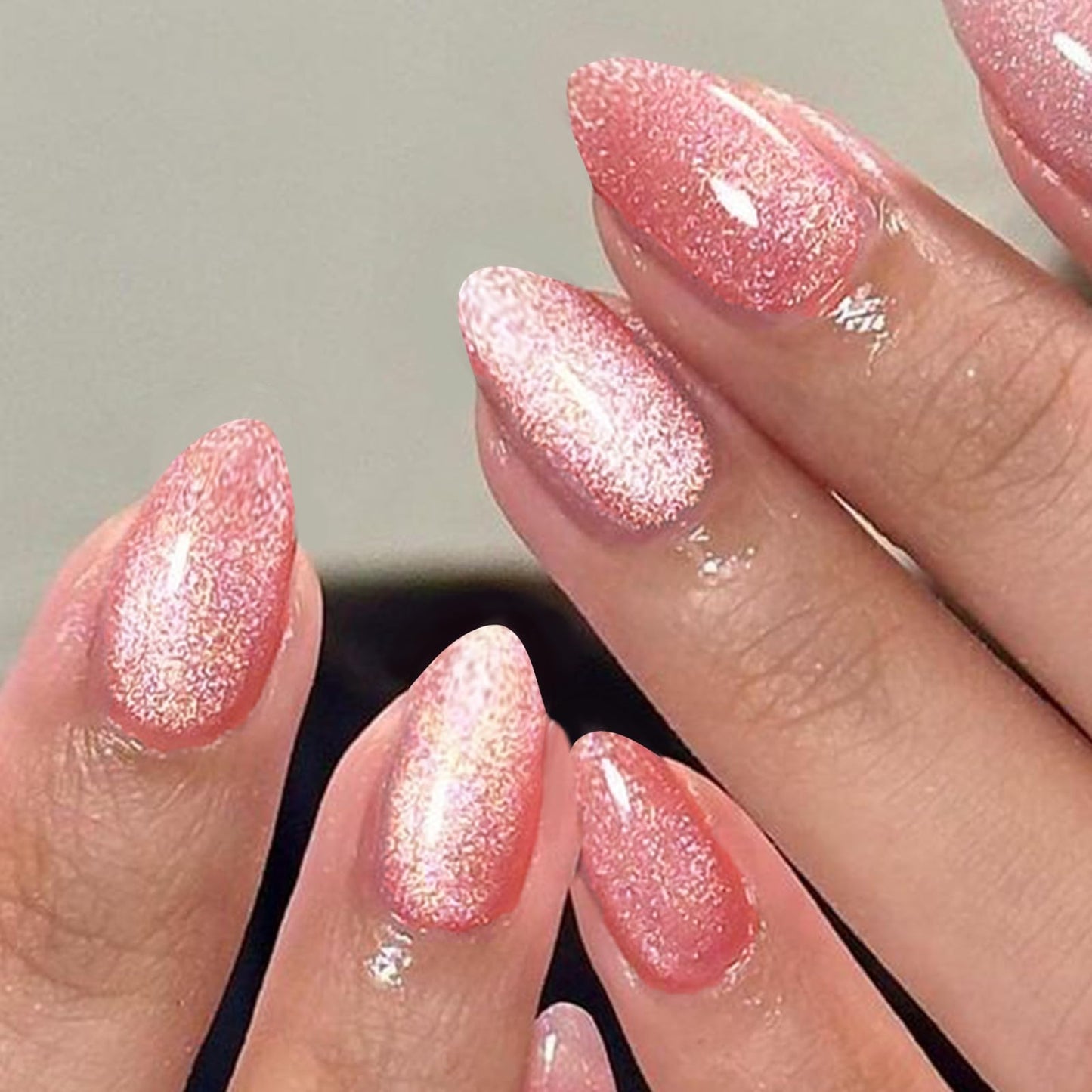 GLAMERMAID Pink Magnet Cat Eyes Press on Nails Short Almond, Handmade Jelly Gel Fake Nail Kits, Ombre Glitter Magnetic Glue on Nail Stiletto, Aurora Medium Oval Stick on False Nail Set for Women