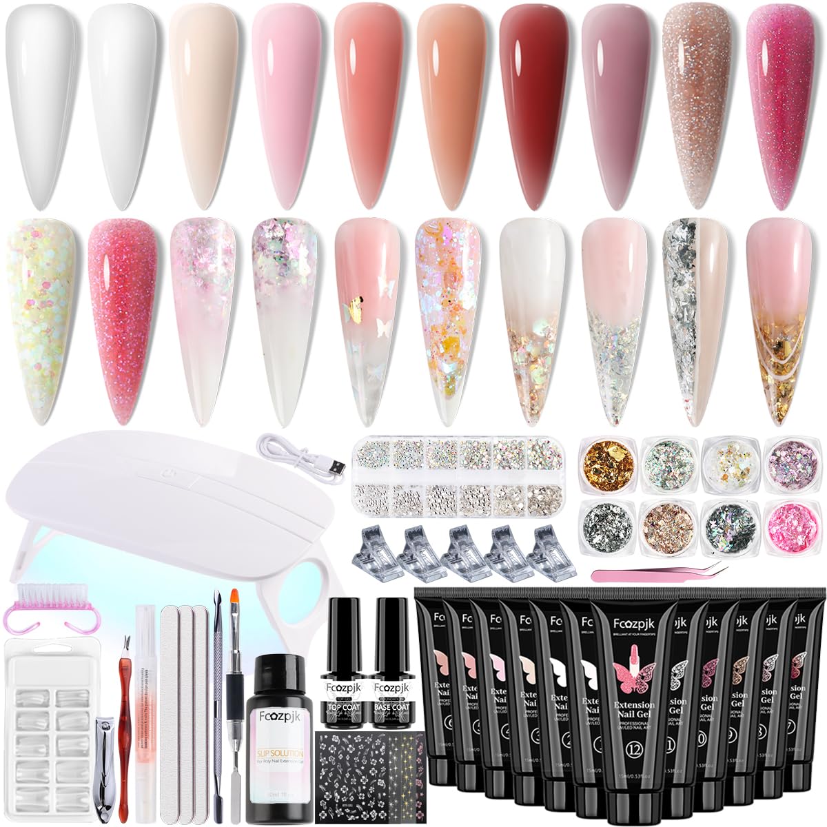 Fcozpjk Poly Gel Nail Kit with UV Light, 12 Colors Builder Gel Nail Extension Kits for Beginners with Everything, Dual Nail Forms Slip Solution Chunky Glitter Poly Gels Nails Art Design Starter Set