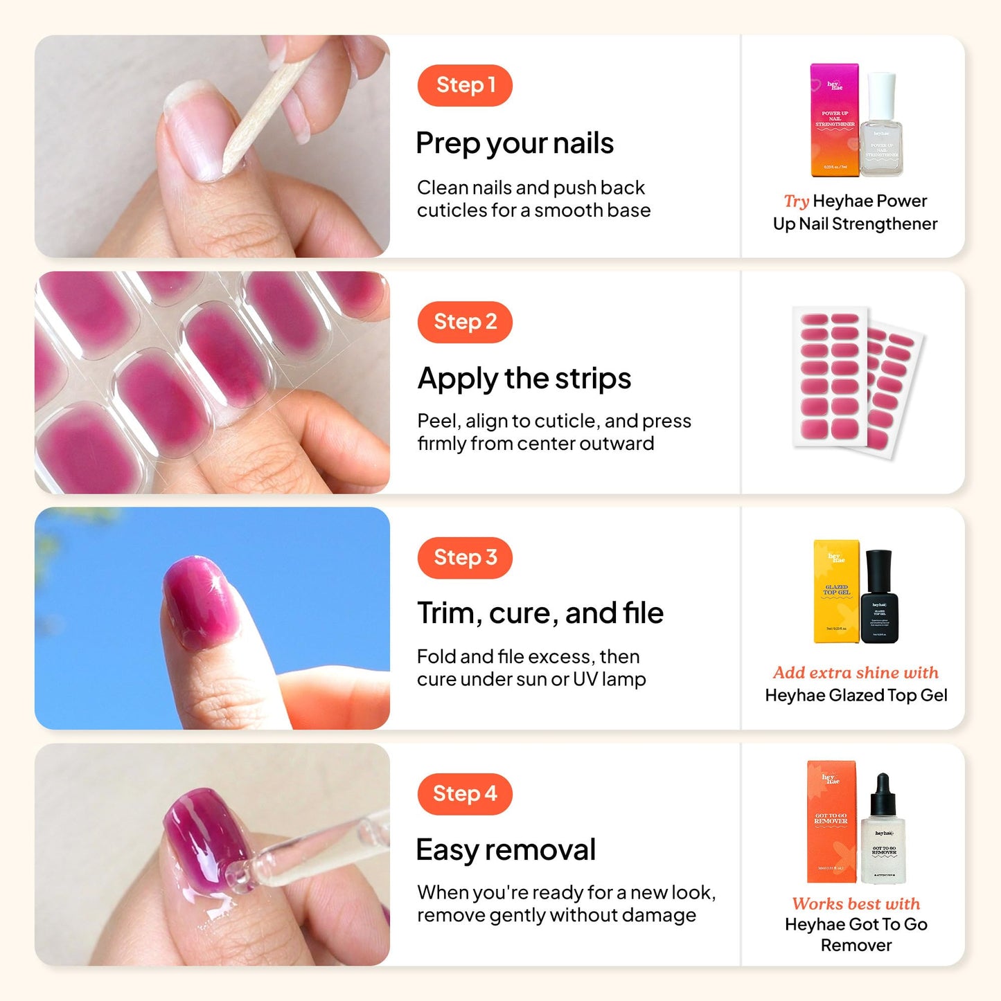 Heyhae Semi Cured Gel Nail Strips | No LED Lamp Needed |Pink, Ombre | Easy Apply & Remove, Salon Quality | Includes 28 Strips, 2 Prep Pads, Nail File & Wooden Stick - Hey, Simply You