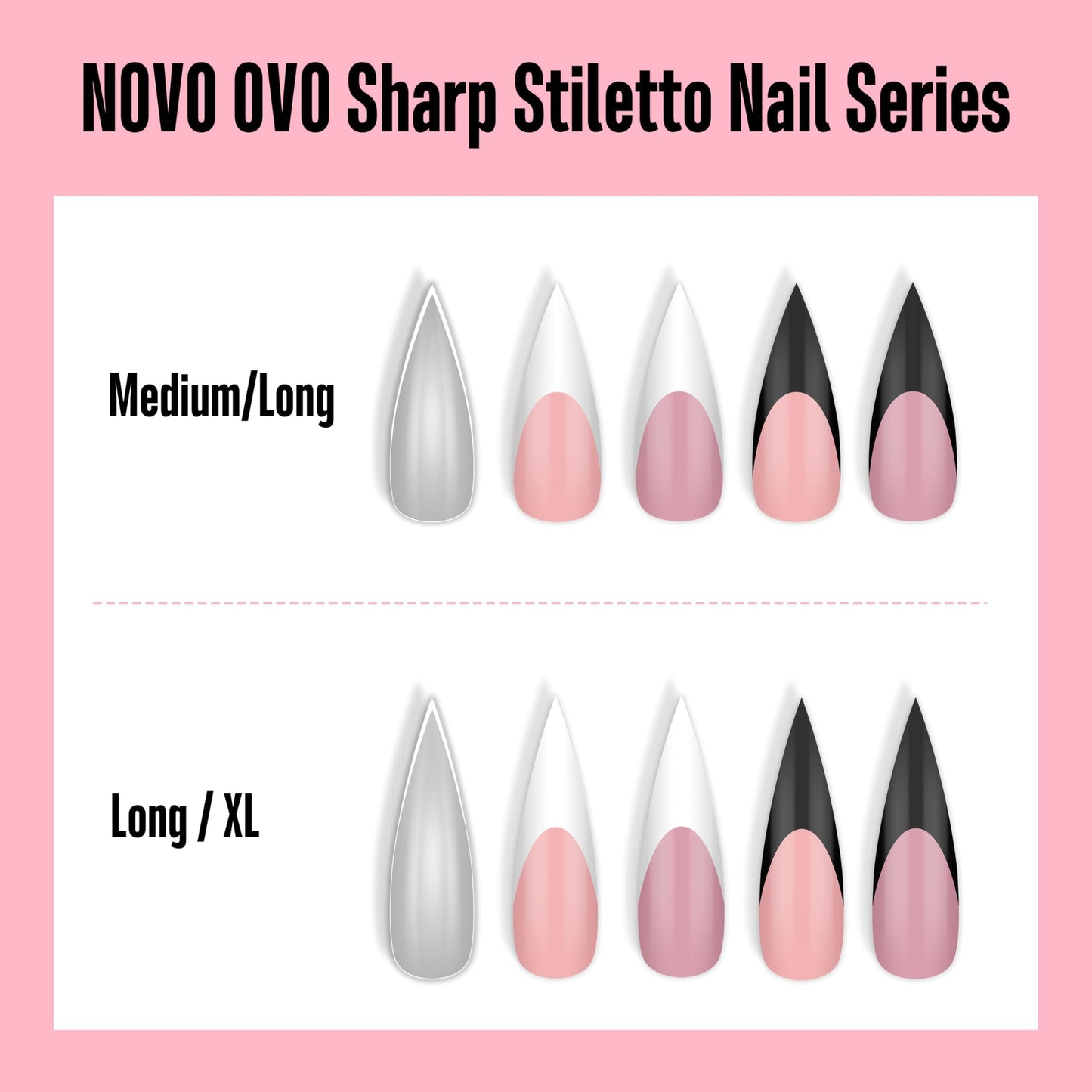 NOVO OVO White French Tip Sharp Stiletto Pointed Medium Long Nail Tips Press on Berry Pink, Soft Gel Fake Acrylic Extension, Full Cover False Nails for Salon DIY x 16 Sizes 160 pcs