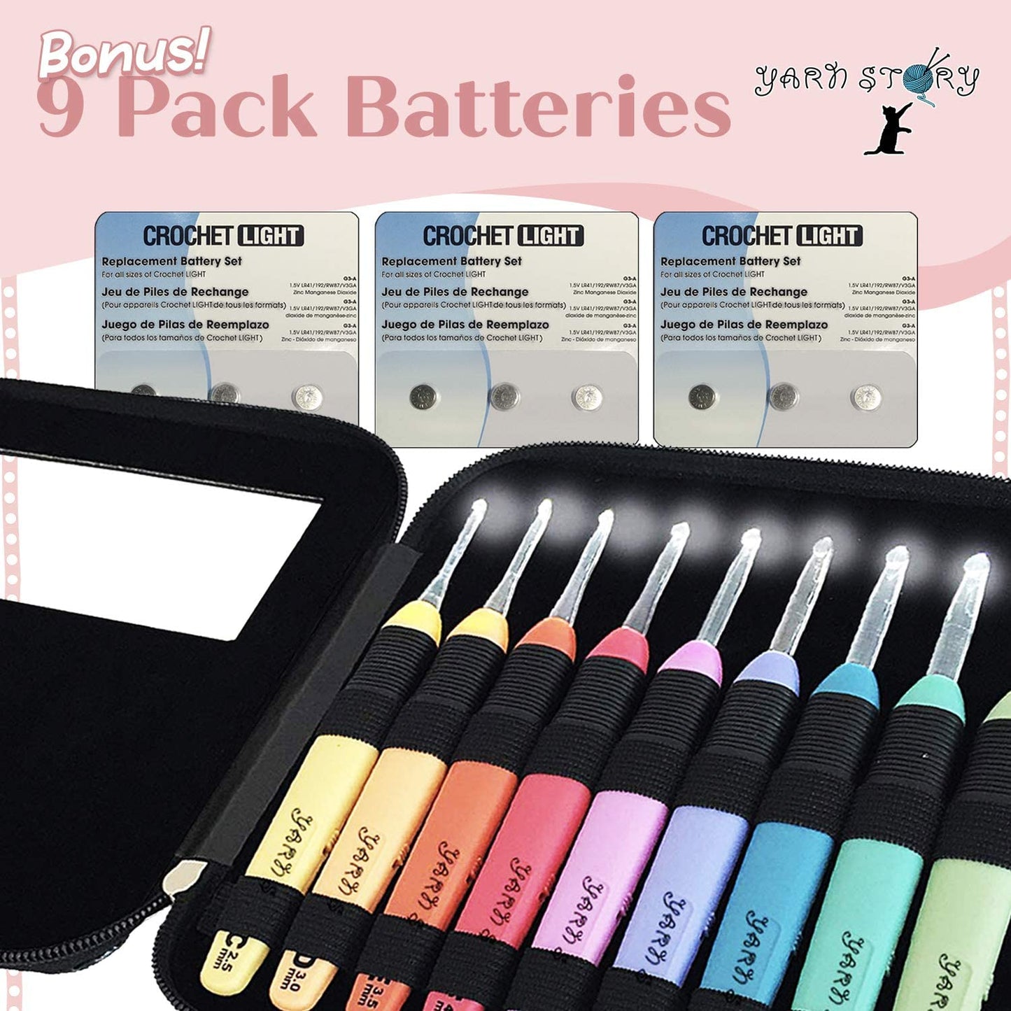 Yarn Story™ Lighted Crochet Hooks Complete Set 9/pkg - 9 pcs Light up Crochet Hook Set w/ 9 Extra Batteries – Crochet Lite Hooks – LED Crochet Hooks for Arthritic Hands Sizes 2.5 to 6.5mm (Black)