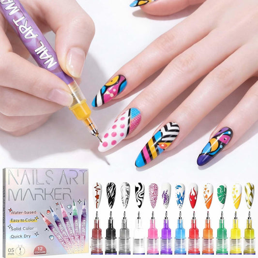 12 Colors Nail Art Pens Set, 3D Nail Art Pens Quick Dry and Waterproof for DIY Nail Design, 0.5mm Fine Tip Liner for Dotting, Drawing and Detailing, Home and Salon Manicure Tools