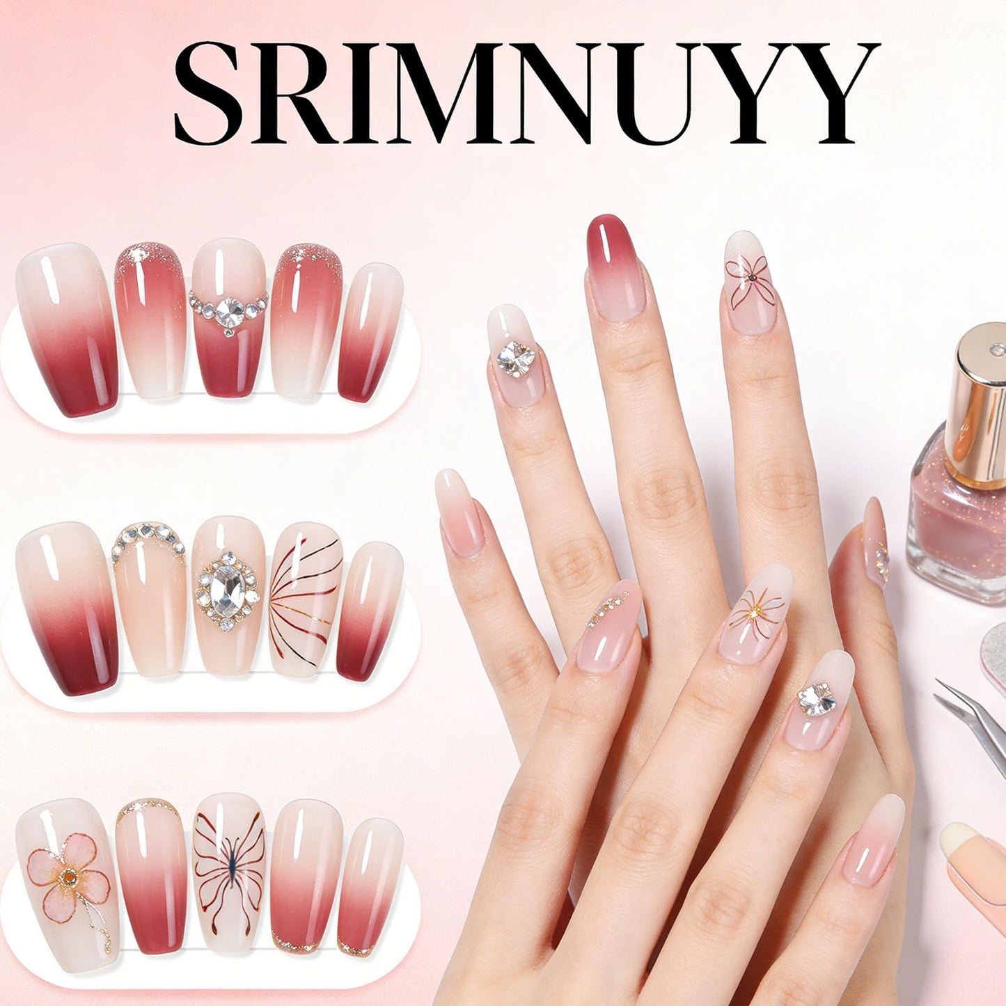 Acrylic Press on Nails Short Square Fake Nails Light Pink Nail Press ons with Silver Glitter Sequins Designs Gold Glue on Nails Glossy Manicure Style Artificial Nails 24Pcs for Girls Women