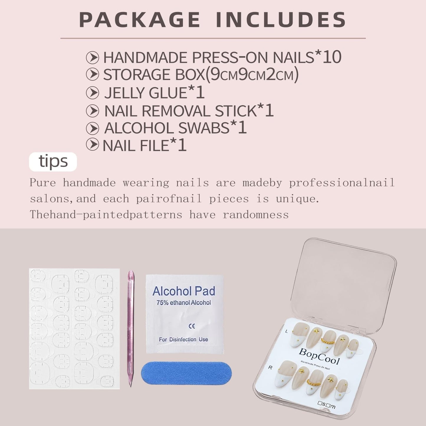Luxury Press on Nails, Medium Almond 3D Handmade Nails, Reusable French Tip False Nails, Pink Flower Metal, Thick Acrylic ABS Nail Art (10PCS-S)