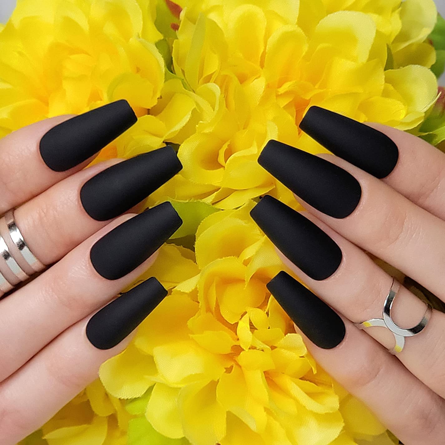 Hypnaughty Press On Nails - Party Star Chrome & Noir Matte Coffin, Trendy & Salon Quality Reusable Nails With Kit