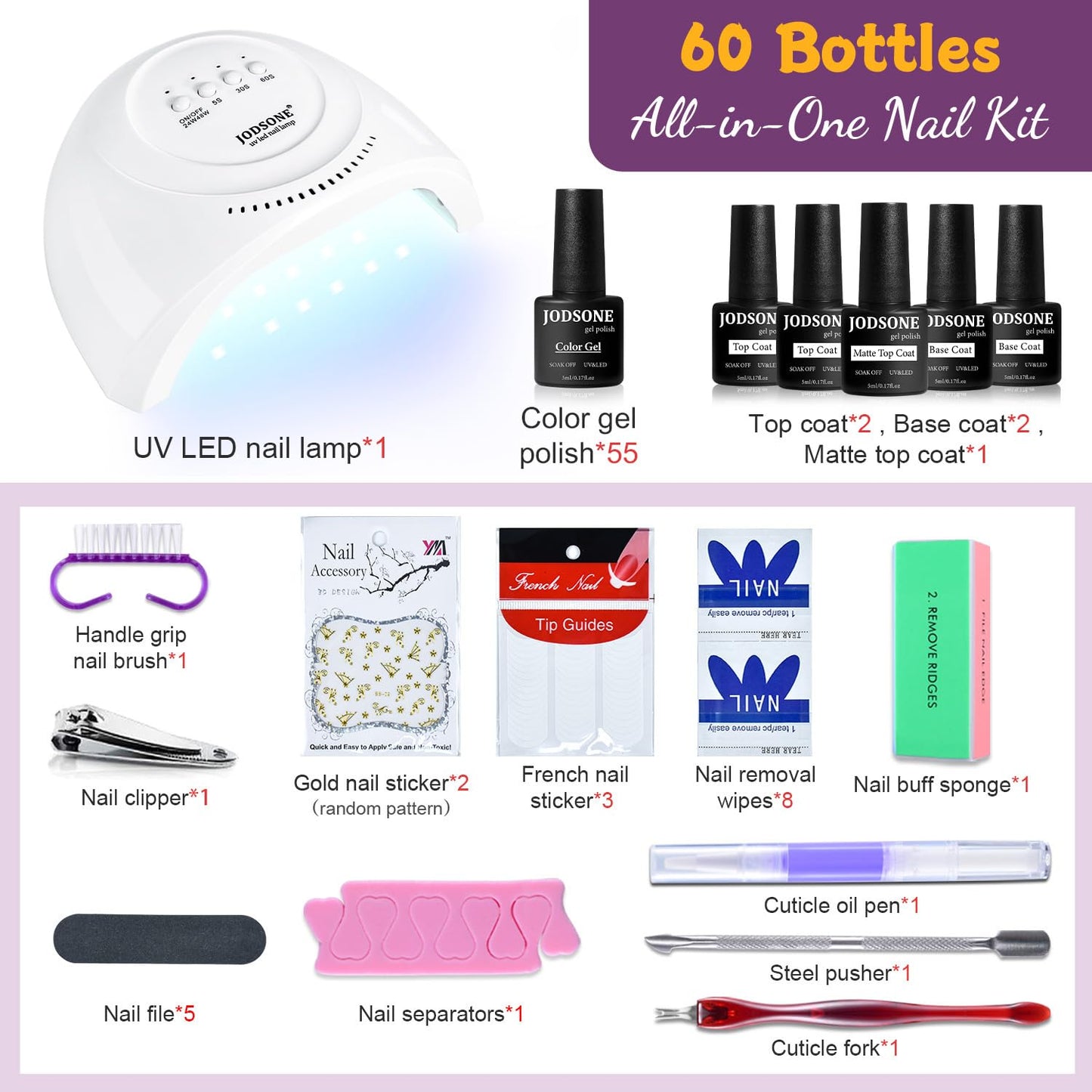 JODSONE Gel Nail Polish Kit 60 PCS with U V Light Soak off Base Top Coat 55 Shine Colors Gel Nail Kit Bright and Dark Brown Wine Red Series Manicure Set for Women and Girls