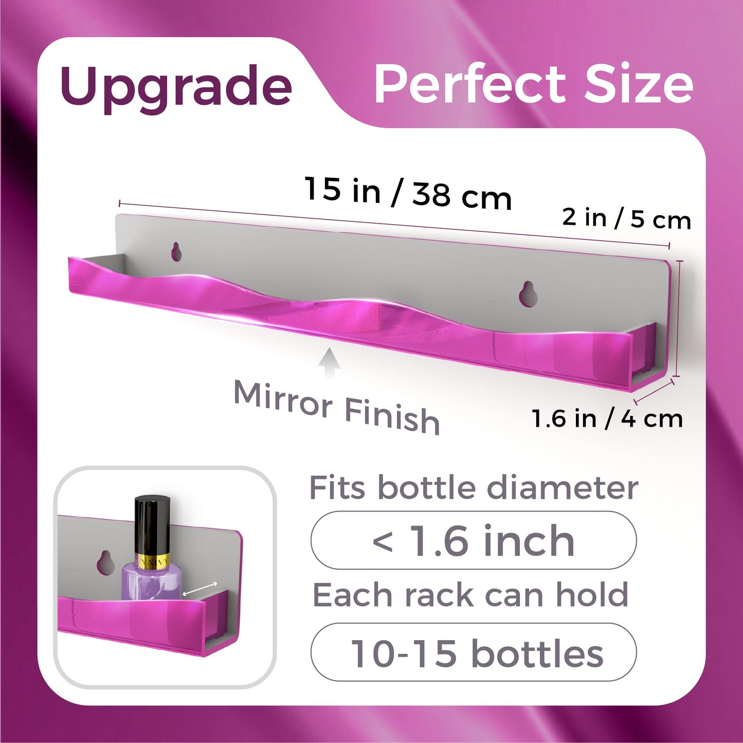 YMVV Wall-Mounted Nail Polish Organizer Rack - 15 Inch Pink Mirror Finish Nail Polish Shelf, Makeup & Beauty Essentials Storage - Multi-Purpose Display Holder for Small Space, Vanity Bathroom, 6 Pack