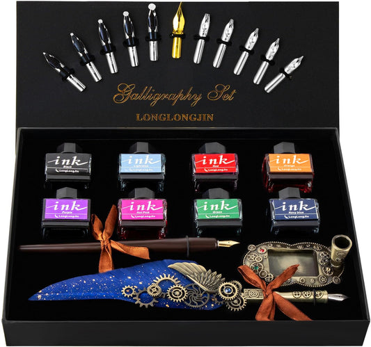 LongLongJin Calligraphy Pens and Ink Set - Calligraphy Kits for Beginners,Quill Pen Includes Dip Pen,8*Colors Ink,11*Calligraphy Pen Nibs（Blue）