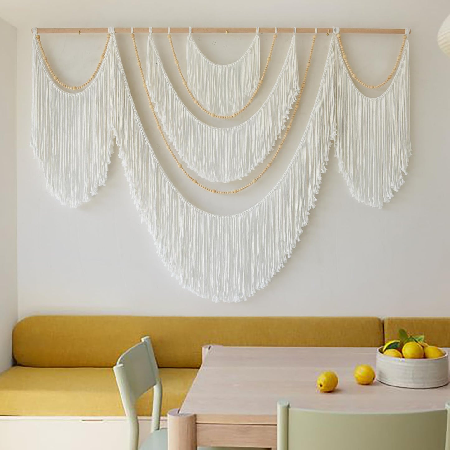 Flber Large Macrame Wall Hanging – Boho Yarn Art Garland with Tassels and Beads, Handmade Rope Decor for Nursery, Party, Wedding, Bedroom, Fireplace Mantel, or Photo Backdrop 57" W x 41" L