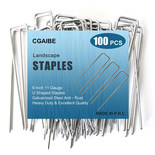 CGAIBE Galvanized Landscape Staples, 100 Pack 6 Inches Garden Lawn Stakes 11 Gauge U-Shaped Yard Turf Fabric Sod Pins for Weed Barrier Christmas Decorations Ground Cover Fabric