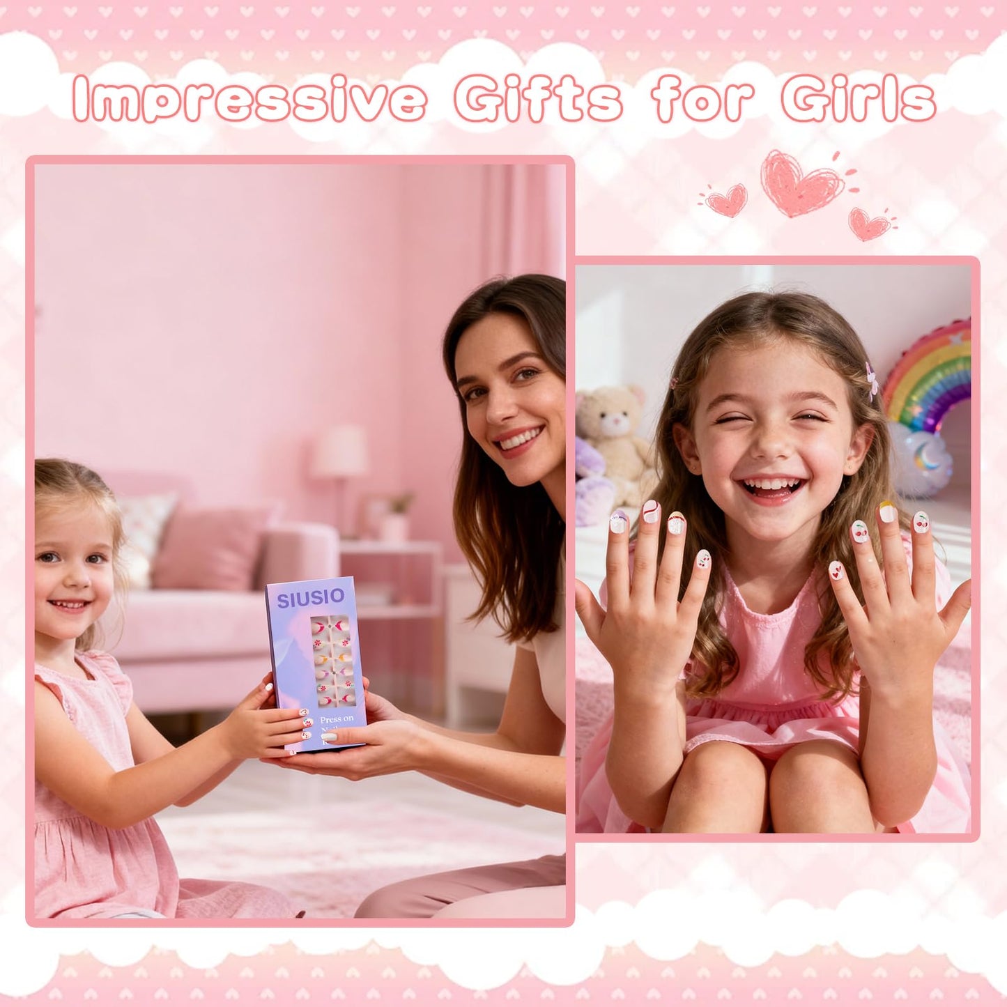 SIUSIO 3Pack Children Acrylic Fake Nails, 72pcs Press on Full Cover Cherry French Tips Short Almond False Nail Art Kits Set with Sticker Tabs Nail Glue Gel for Kids Little Girls Women - Floral Cherry