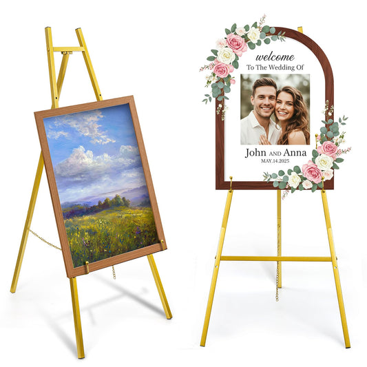 WRINGKIT Gold Easel Stand for Sign, Heavy Duty Metal Adjustable Display Stand with 4 Tier, 44'' Height Large Floor Standing Easel for Painting, Poster, Mirror, Art, Welcome Wedding Signs