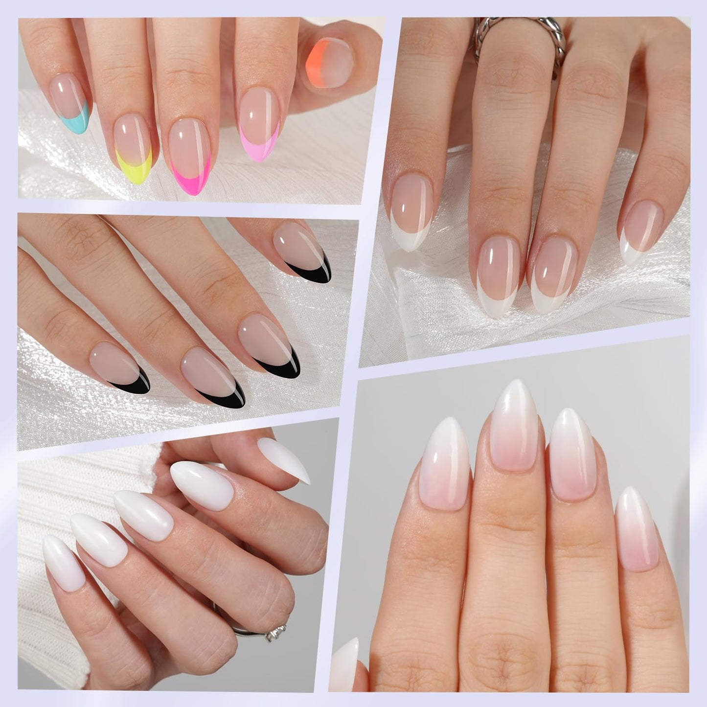 6 Packs Press On Nails Almond, Misssix French Tip Press On Nails Short, Reusable Glue On Nails, Gel Fake Nails for Women, Stick On Nails Kit 15 Sizes-6 styles in total
