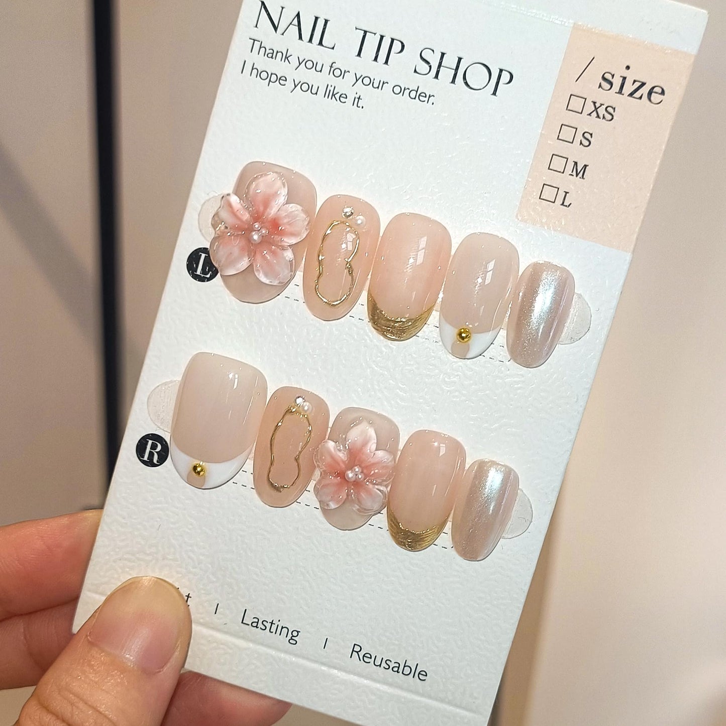 TENPAL Handmade Short Oval Fake Nails Kits,Glossy 3D Floral Iridescent White French Tips Press on Nails,Nude Pink Soft Gel Fake Nails 10pcs Kits,Full Cover Cute Nails with Designs for Daily(L Sizes)