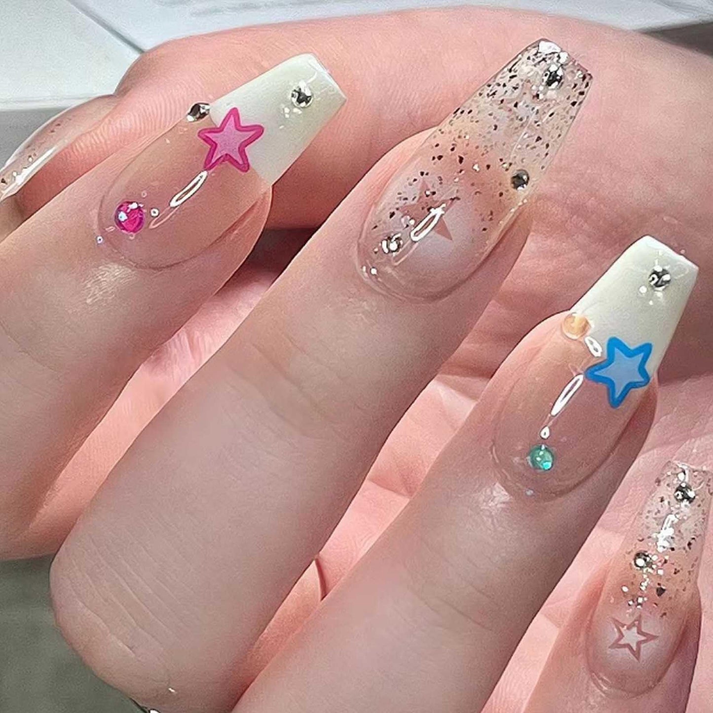 Hkanlre Long Fake Nails French Press on Silver Nails Ballerina Tips Full Cover Shiny Coffin False Nails for Women and Girls 24PCS