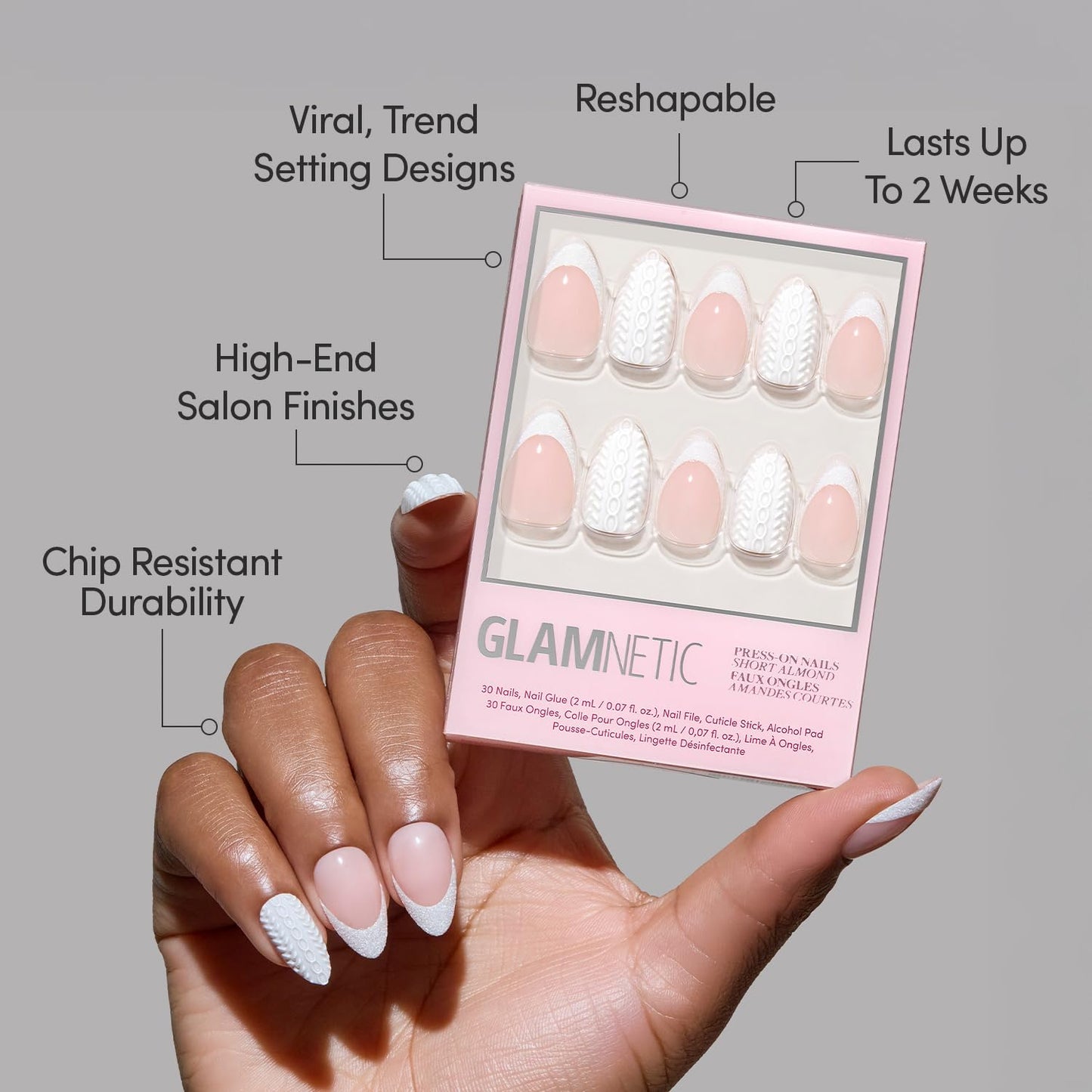 Glamnetic Press-On Nails Bundle - Sweater Weather & Cold Hearted | Short Almond Fake Nails with White Glitter French Tips & 3D Designs | Short Almond Fake Nails with Heart Accent and Pale Blue Velvet