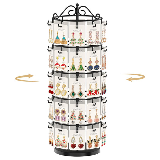 MODOWEY Earring Card Display Stand for Vendors, 50 Hooks Metal Rotating Organizer Rack Holder, 5 Tier Adjustable Jewelry Tree for Stud Pierced Dangle Selling, Boost Sales Compact Earing Hanger, Black