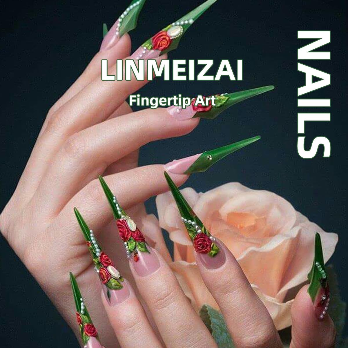 LINMEIZAI 24Pcs French Press on Nails Medium Square Apple Fake Nails Press ons Nail Tips, Green Red Stick on Nails Acrylic Nails Kit False Nails Fresh Plaid Design Nail Art for Women Cheerful Manicure